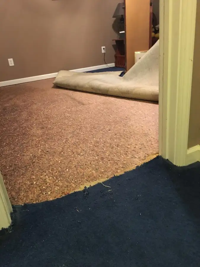 Carpet pad removal revealing water damage during Drying & Dehumidification in Calhoun